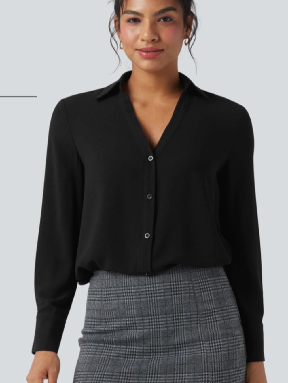 NEW HALARA SIZE L BLACK V-NECK BUTTONED LONG SLEEVE BLOUSE SHIRT TOP